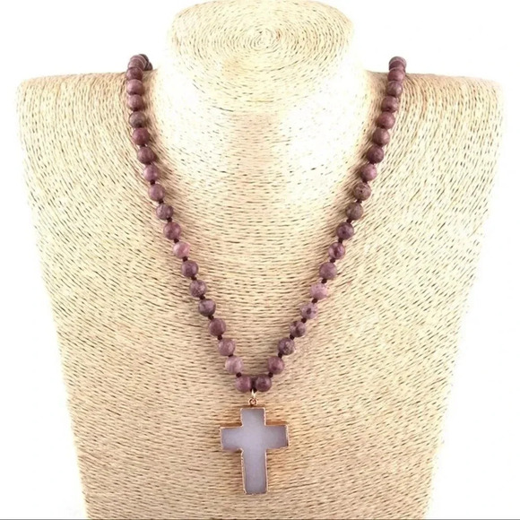 Natural Pink Agate Cross Pendant Necklace - Picture 1 of 6
